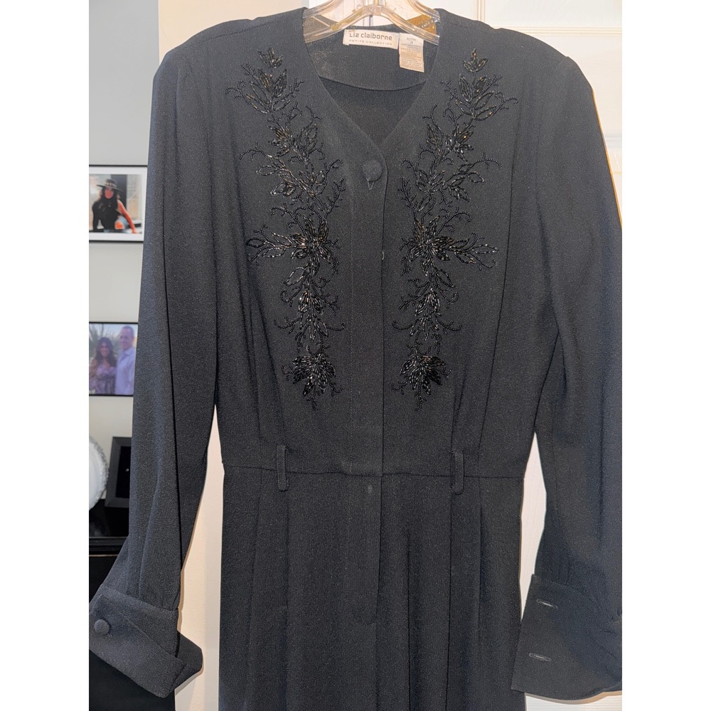 Liz Claiborne VINTAGE Petite Black Beaded Long Sleeve‎ Belted Jumpsuit Size 4 - Picture 5 of 8